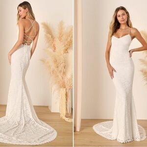 LULU's Elegant Sexy Wedding Bridal Shower Engagement Lace Flowy Corset Back Maxi